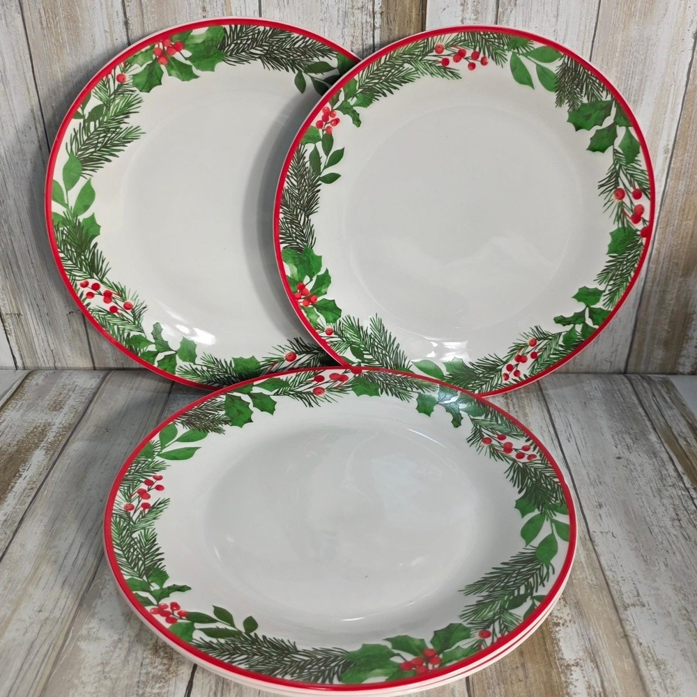 Royal Norfolk Christmas Dinner Plates Set of 4 Pine Wreath Holly Berry 10.5 in - Picture 2 of 7